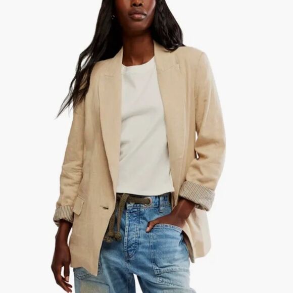 Free People Prep School linen blend Blazer in cream NWT  XS - Picture 1 of 11